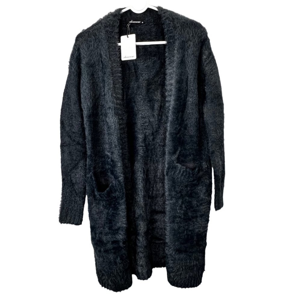Olivaceous Cardigan Sweater Charcoal Gray Open Front size M Fuzzy Faux Fur NWT